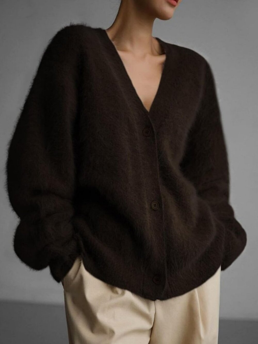 Cozy Fuzzy Cardigan Sweater | V-Neck, Long Sleeve, Button Down, Slouchy Knit - Picture 3 of 6
